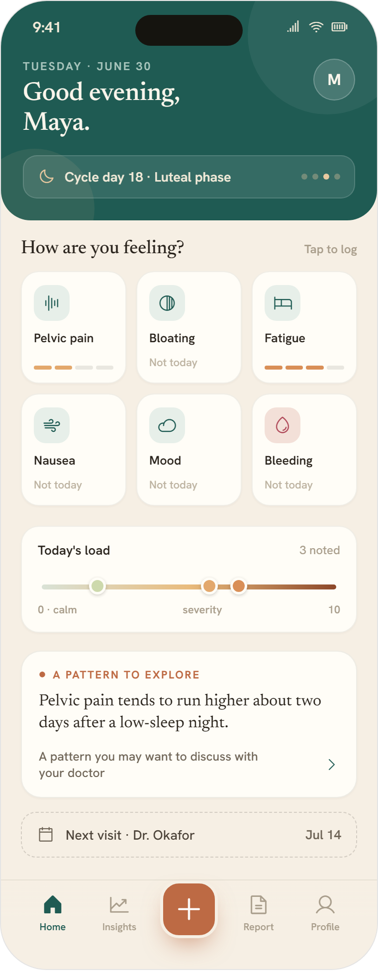 Linnea's Home screen: 'How are you feeling?' above calm symptom cards